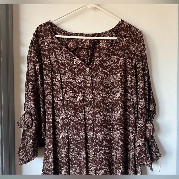 Handmade women’s floral rosette button down prairie dress in brown cream Size 14 - Picture 2 of 13